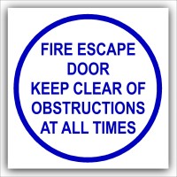 1 x Fire Escape Door Keep Clear Of Obstructions At All Times-87mm,Blue on White-Health and Safety Security Door Warning Sticker Sign-87mm,Blue on White-Health and Safety Security Door Warning Sticker Sign